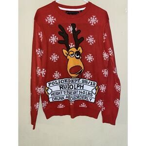 Santas Sweater Men’s M Drunk Rudoloph Red Knit Acrylic Snowflake Long Sleeve